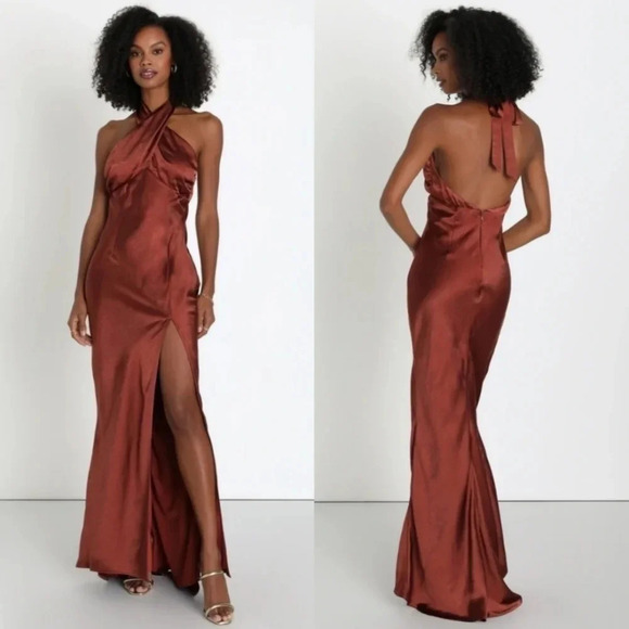 Lulu's Start of Forever Brown Satin Halter Mermaid Maxi Dress Wedding Party - Picture 1 of 12
